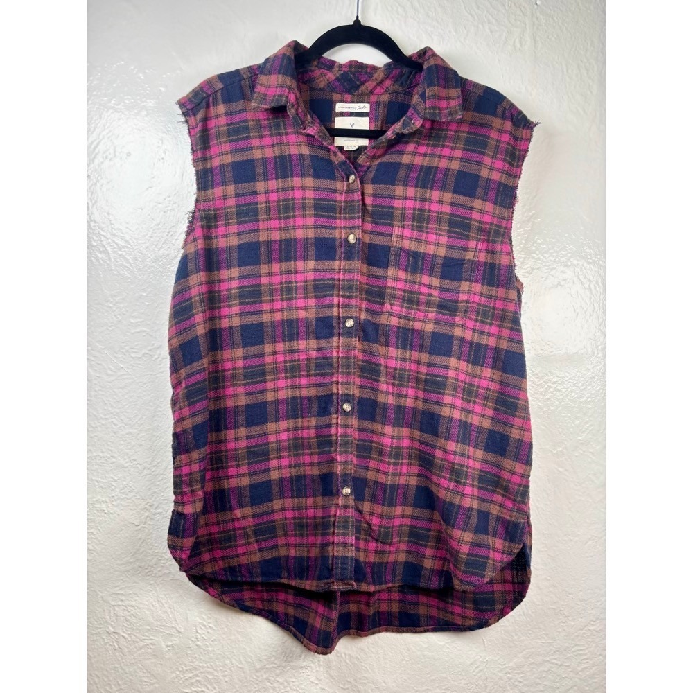 American Eagle Plaid Shirt XL Pink‎ Blue Cut Off Sleeve Flannel Grunge Punk Soft